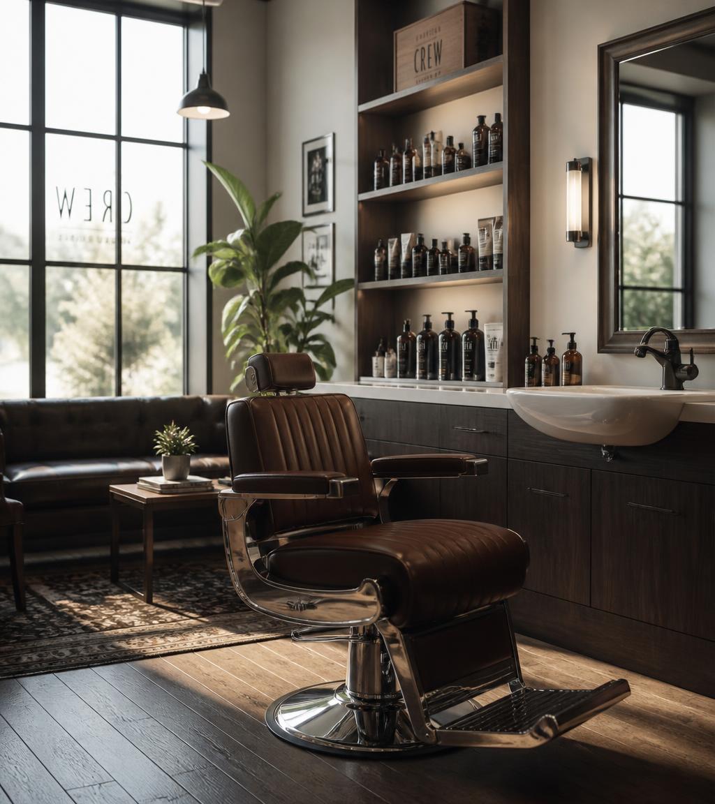 Interior de barbearia moderna com cadeira de couro e prateleira de produtos